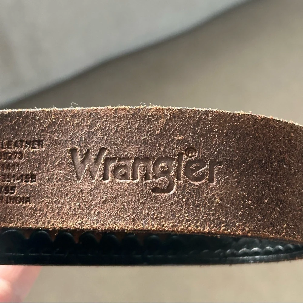 Wrangler Top Grain Cowhide Hand Tooled Black & Brown Leather Belt Size 38